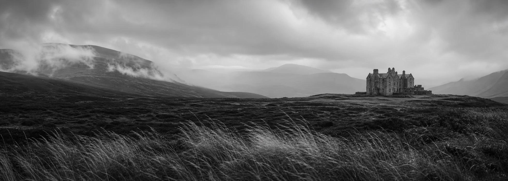 Misted Scottish Highlands surrounding a historic stone house