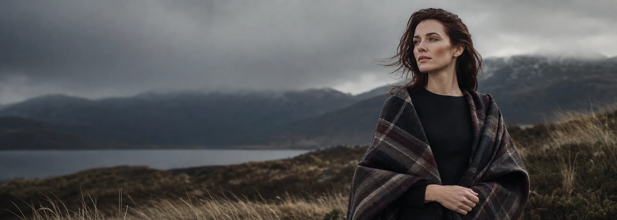 A woman wearing modern tartan in the Scottish Highlands